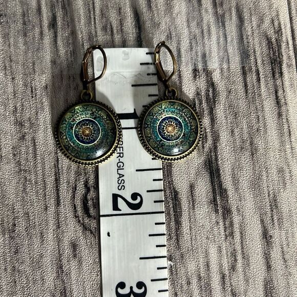 Antique Brass Mandala Glass Earrings — Boho Blue Art Deco Drop Style - Picture 4 of 5